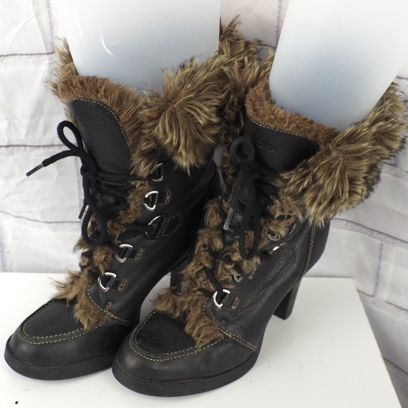 Aldo Shoes - Aldo 39 brown heeled fur trim leather laced boots